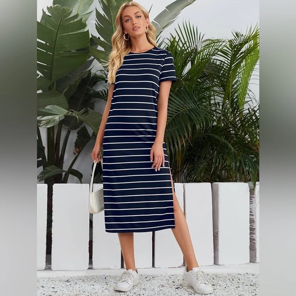 SHEIN Black & White Striped Midi Tee Dress with Side Slit - Picture 5 of 10